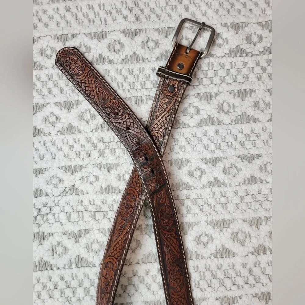 Belt Co Brown Tooled Leather Belt Men's Embellished Florid Western USA Size 38